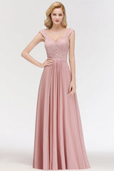 Long A-line V-neck Sweetheart Sleeveless Lace Chiffon Bridesmaid Dresses-27dress