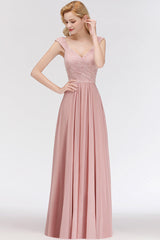Long A-line V-neck Sweetheart Sleeveless Lace Chiffon Bridesmaid Dresses-27dress