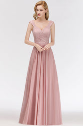 Long A-line V-neck Sweetheart Sleeveless Lace Chiffon Bridesmaid Dresses-27dress