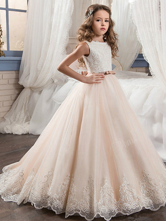 Long Ball Gown Chiffon Tulle Jewel Neck Wedding Birthday Pageant Flower Girl Dresses-27dress