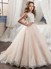 Long Ball Gown Chiffon Tulle Jewel Neck Wedding Birthday Pageant Flower Girl Dresses-27dress