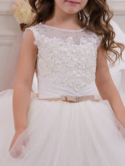 Long Ball Gown Jewel Neck Event Party Birthday Flower Girl Dresses With Appliques-27dress