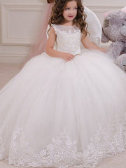 Long Ball Gown Jewel Neck Event Party Birthday Flower Girl Dresses With Appliques-27dress