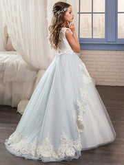 Long Ball Gown Jewel Neck Wedding Event Party Flower Girl Dresses With Lace Appliques-27Dress
