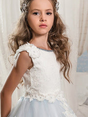Long Ball Gown Jewel Neck Wedding Event Party Flower Girl Dresses With Lace Appliques-27Dress