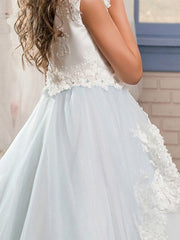 Long Ball Gown Jewel Neck Wedding Event Party Flower Girl Dresses With Lace Appliques-27Dress