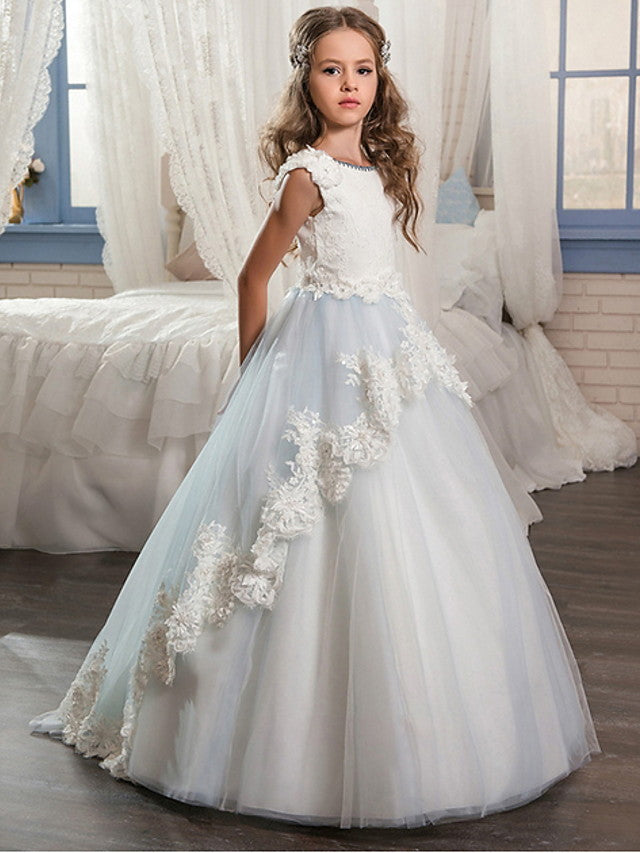 Long Ball Gown Jewel Neck Wedding Event Party Flower Girl Dresses With Lace Appliques-27Dress