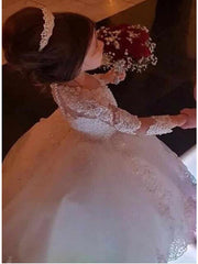 Long Ball Gown Lace Jewel Neck Wedding Flower Girl Dresses with Sleeves-27Dress
