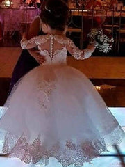 Long Ball Gown Lace Jewel Neck Wedding Flower Girl Dresses with Sleeves-27Dress