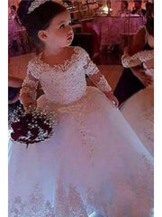 Long Ball Gown Lace Jewel Neck Wedding Flower Girl Dresses with Sleeves-27Dress