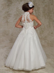 Long Ball Gown Lace Sleeveless High Neck Wedding Party Flower Girl Dresses With Beading Appliques-27dress