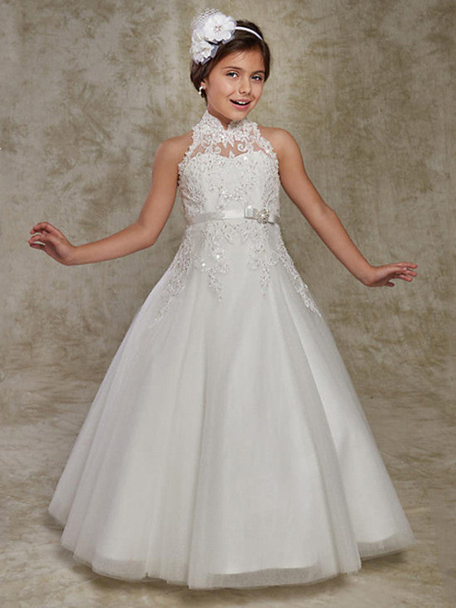 Long Ball Gown Lace Sleeveless High Neck Wedding Party Flower Girl Dresses With Beading Appliques-27dress