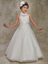 Long Ball Gown Lace Sleeveless High Neck Wedding Party Flower Girl Dresses With Beading Appliques-27dress