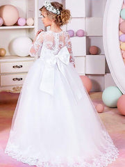 Long Ball Gown Lace Tulle Half Sleeve Jewel Neck Wedding Party Flower Girl Dresses-27dress