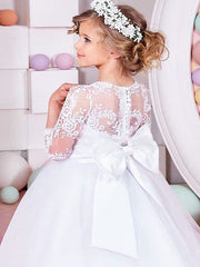Long Ball Gown Lace Tulle Half Sleeve Jewel Neck Wedding Party Flower Girl Dresses-27dress