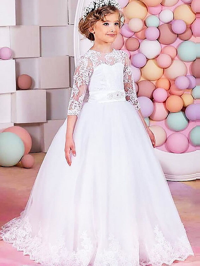 Long Ball Gown Lace Tulle Half Sleeve Jewel Neck Wedding Party Flower Girl Dresses-27dress