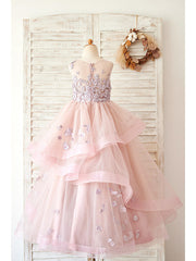 Long Ball Gown Lace Tulle Sleeveless Jewel Neck Wedding Birthday Flower Girl Dresses-27dress