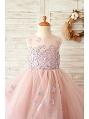 Long Ball Gown Lace Tulle Sleeveless Jewel Neck Wedding Birthday Flower Girl Dresses-27dress