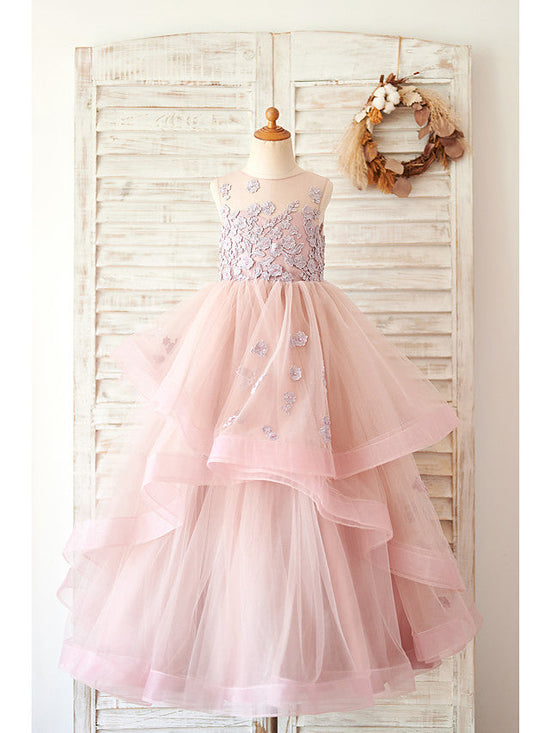Long Ball Gown Lace Tulle Sleeveless Jewel Neck Wedding Birthday Flower Girl Dresses-27dress
