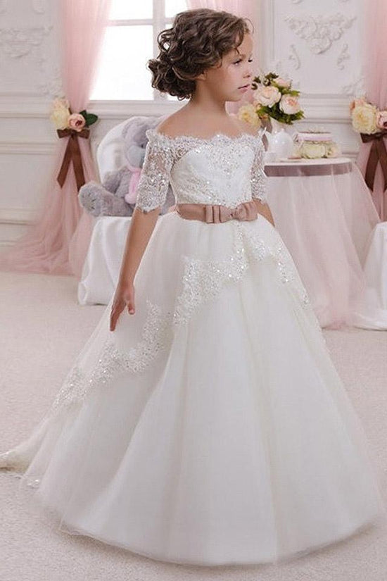 Long Ball Gown Off The Shoulder Tulle Lace Flower Girl Dresses with Sleeves-27dress
