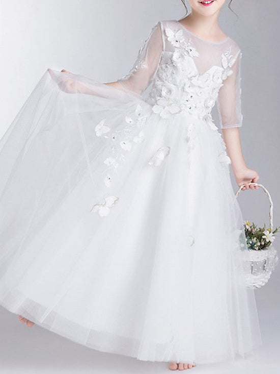 Long Ball Gown Polyester Jewel Neck First Communion Flower Girl Dresses with Sleeves-27dress