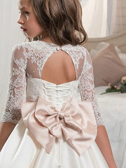 Long Ball Gown Satin Event Party Formal Evening Flower Girl Dresses with Sleeves-27dress