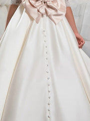 Long Ball Gown Satin Event Party Formal Evening Flower Girl Dresses with Sleeves-27dress