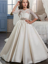 Long Ball Gown Satin Event Party Formal Evening Flower Girl Dresses with Sleeves-27dress