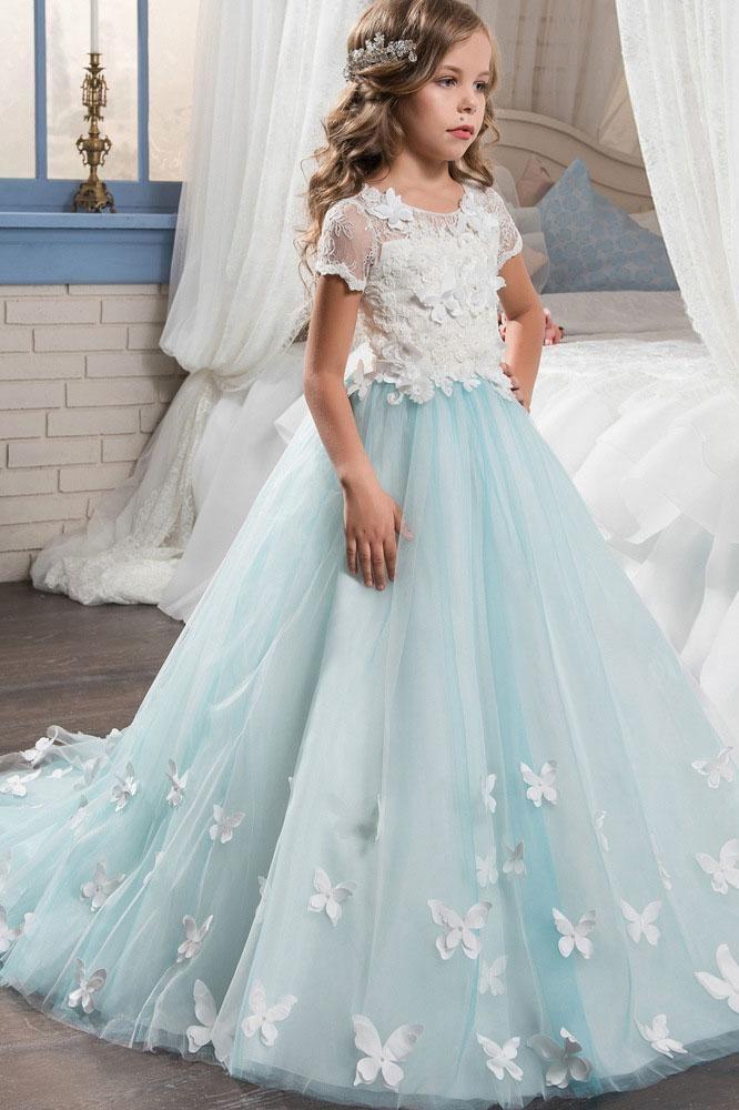 Long Ball Gown Scoop Neck Short Sleeves Tulle Flower Girl Dresses-27dress