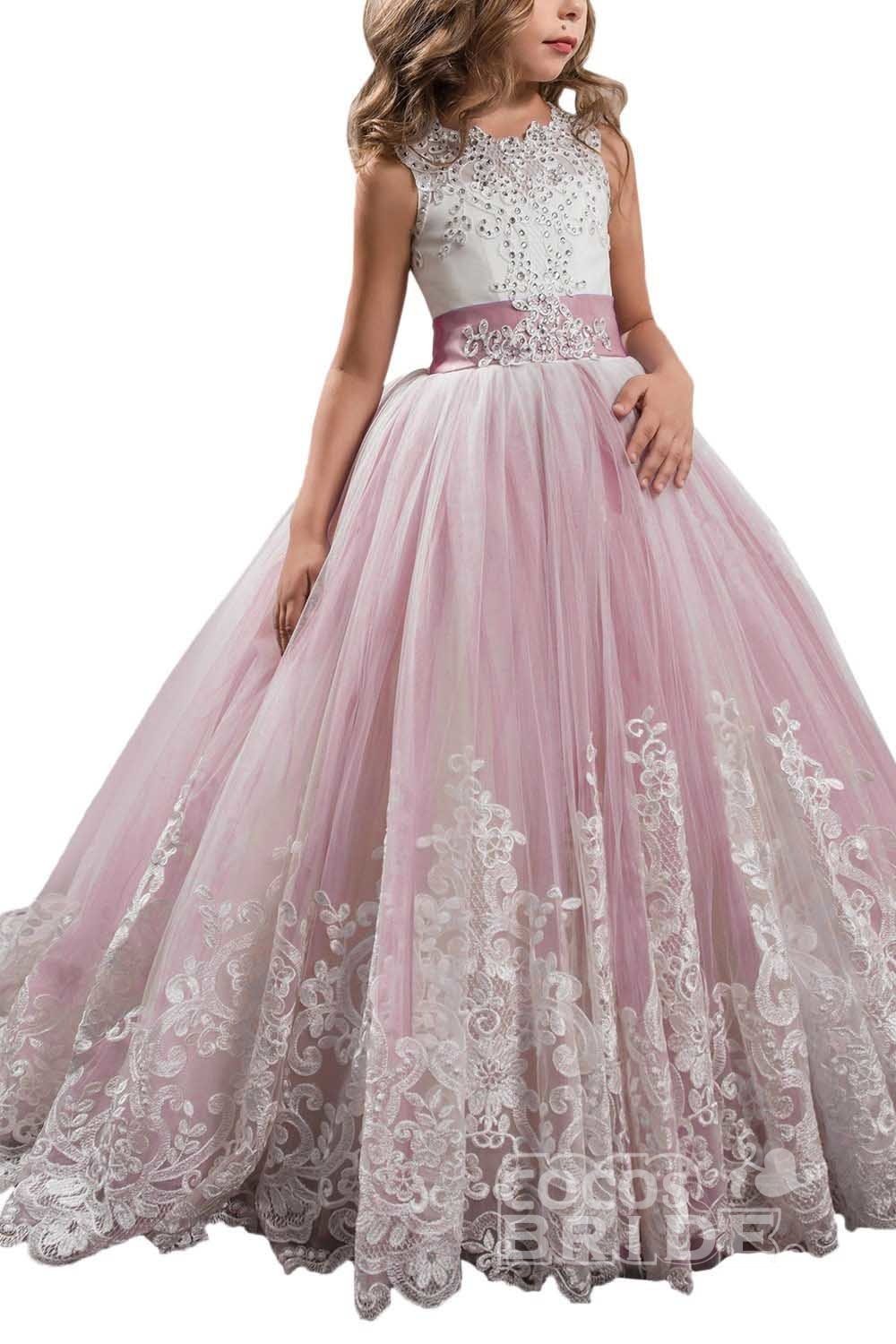 Long Ball Gown Scoop Neck Sleeveless Flower Girl Dresses-27dress