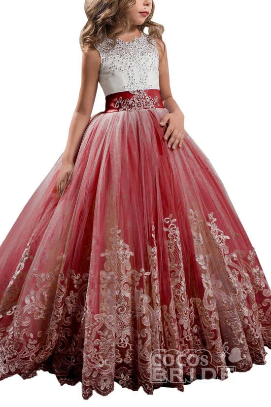 Long Ball Gown Scoop Neck Sleeveless Flower Girl Dresses-27dress