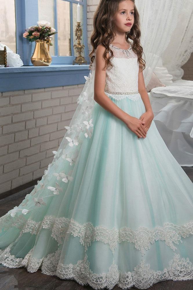 Long Ball Gown Scoop Neck Sleeveless Lace Flower Girl Dresses-27dress