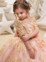 Long Ball Gown Tulle Half Sleeve Jewel Neck Wedding Party Flower Girl Dresses-27Dress