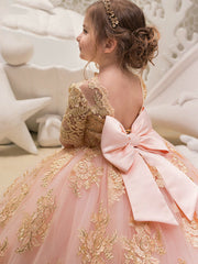 Long Ball Gown Tulle Half Sleeve Jewel Neck Wedding Party Flower Girl Dresses-27Dress
