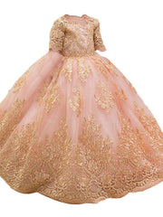 Long Ball Gown Tulle Half Sleeve Jewel Neck Wedding Party Flower Girl Dresses-27Dress