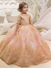 Long Ball Gown Tulle Half Sleeve Jewel Neck Wedding Party Flower Girl Dresses-27Dress