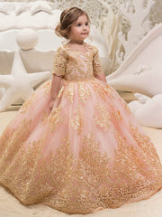 Long Ball Gown Tulle Half Sleeve Jewel Neck Wedding Party Flower Girl Dresses-27Dress