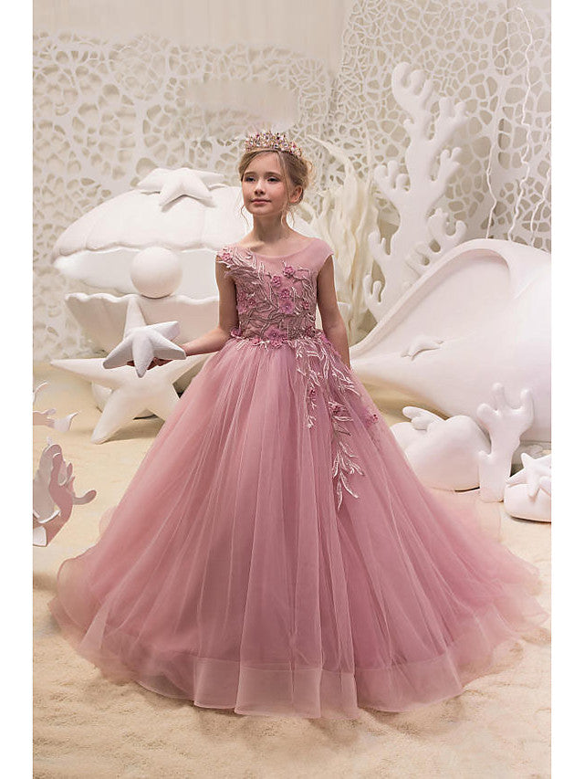 Long Ball Gown Tulle Jewel Neck Sweep Brush Train Wedding Party Flower Girl Dresses-27Dress