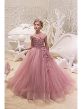 Long Ball Gown Tulle Jewel Neck Sweep Brush Train Wedding Party Flower Girl Dresses-27Dress