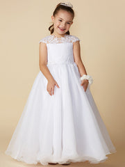 Long Ball Gown Tulle Jewel Neck Wedding First Communion Flower Girl Dresses with Sleeves-27dress