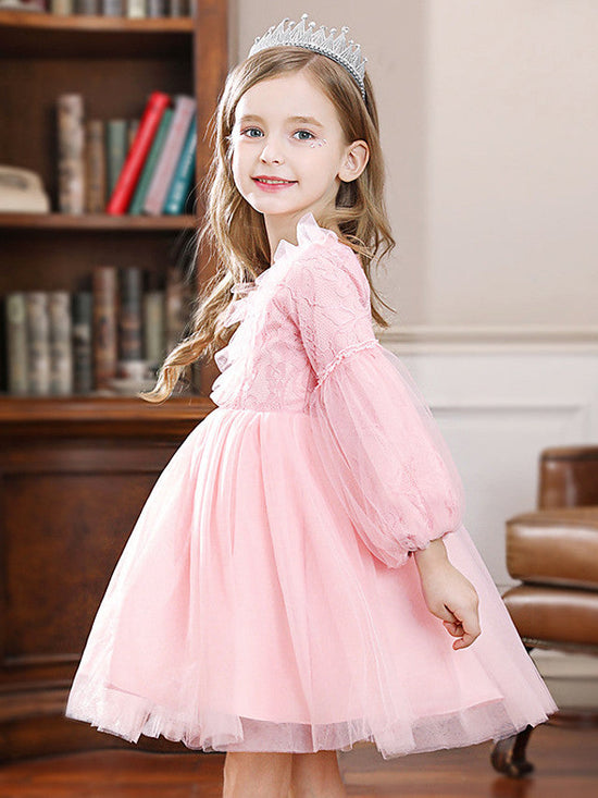 Long Ball Gown Tulle Jewel Neck Wedding Party Flower Girl Dresses with Sleeves-27dress