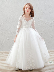 Long Ball Gown Tulle Jewel Neck Wedding Party Flower Girl Dresses with Sleeves-27dress