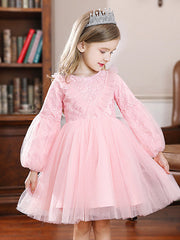 Long Ball Gown Tulle Jewel Neck Wedding Party Flower Girl Dresses with Sleeves-27dress