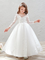 Long Ball Gown Tulle Jewel Neck Wedding Party Flower Girl Dresses with Sleeves-27dress