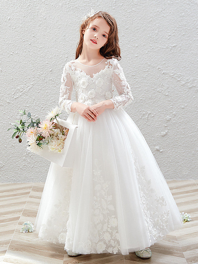 Long Ball Gown Tulle Jewel Neck Wedding Party Flower Girl Dresses with Sleeves-27dress