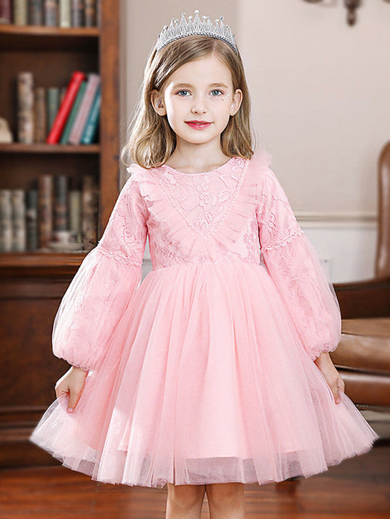 Long Ball Gown Tulle Jewel Neck Wedding Party Flower Girl Dresses with Sleeves-27dress