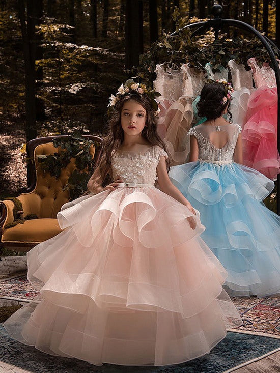 Long Ball Gown Tulle Lace Pageant Flower Girl Dresses with Sleeves-27dress