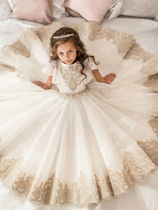 Long Ball Gown Tulle Lace Wedding Birthday Pageant Flower Girl Dresses-27dress