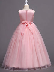 Long Ball Gown Tulle Sleeveless Jewel Neck Wedding Party Flower Girl Dresses-27dress