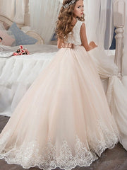 Long Ball Gown Tulle Sleeveless Jewel Neck Wedding Party Flower Girl Dresses-27dress
